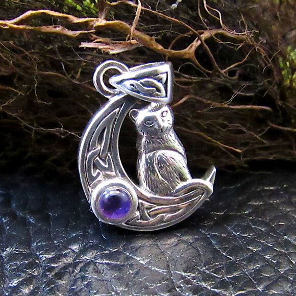 Solid 925 Sterling Silver Celtic Crescent Moon Cat Pendant Amethyst or Moonstone - Picture 3 of 11